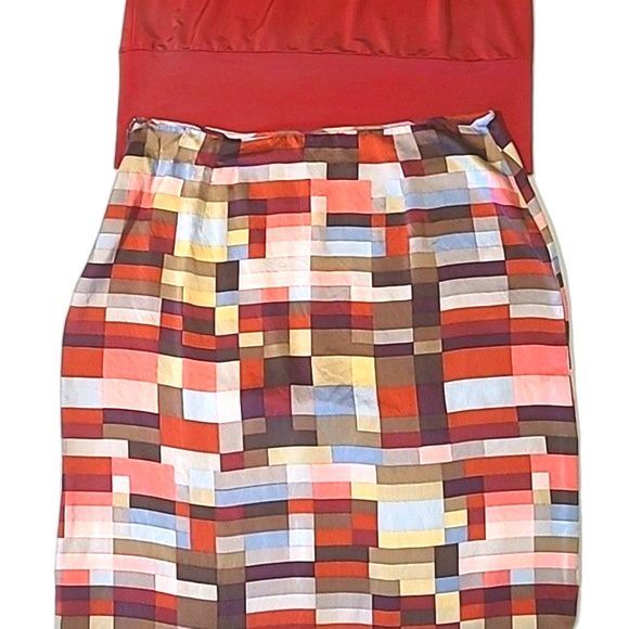 BCBGMaxAzria Straight Silk Long Skirt Below Knee Geometric Patchwork Ruffle Hem - Picture 3 of 16